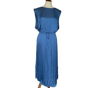 Chico's Blue Satin Maxi Dress MEDIUM Cocktail Slip Belted Party Resort $109 NEW